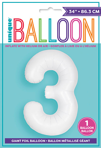 Matte White Number 3 Foil Balloon