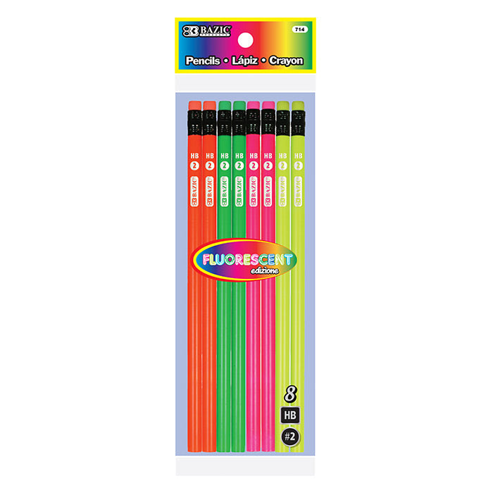 Bazic Fluorescent Wood Pencil With Eraser 8 Pack