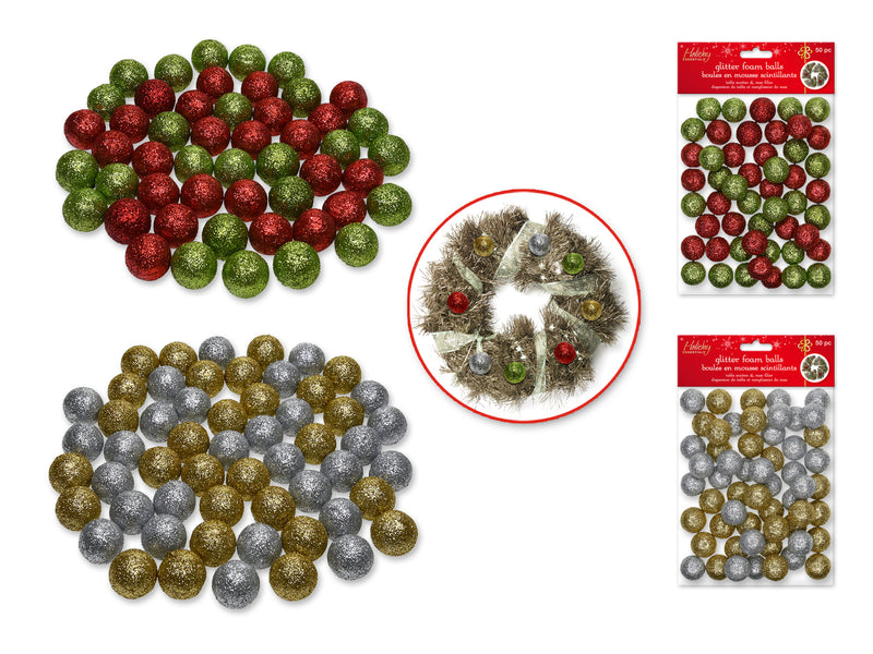 Holiday Essentials: 1.8cm Glitter Foam Deco Balls 50pc Asst 18eax2styles