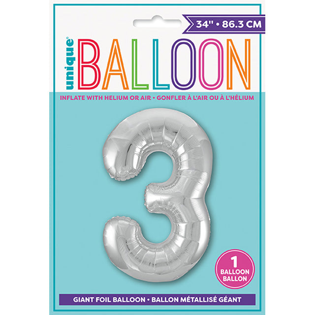 Silver Number 3 Shaped Foil Balloon