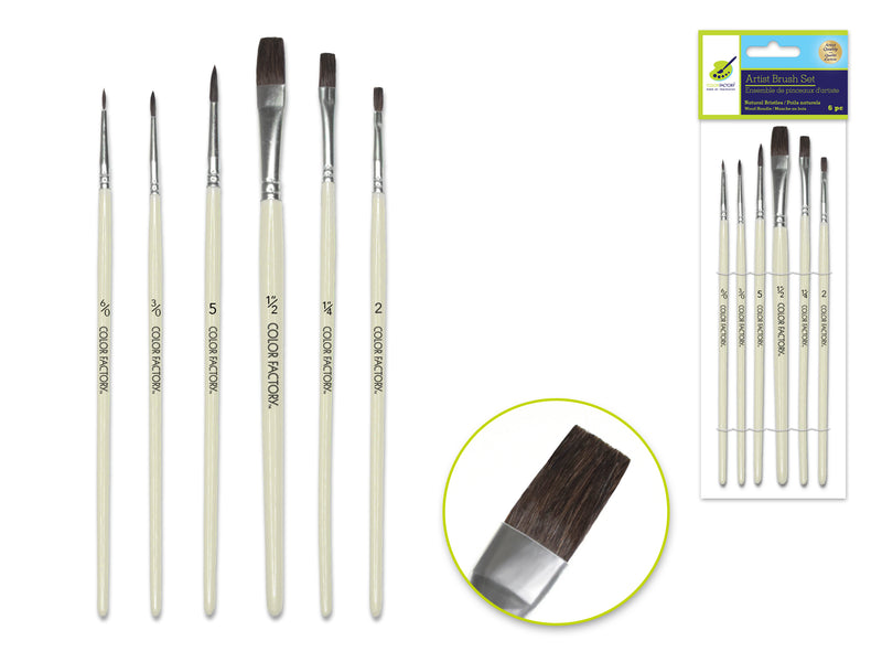 Artist Brush Set: Natural Bristle Multi-Pack x6 Watercolor  Wood Handle -