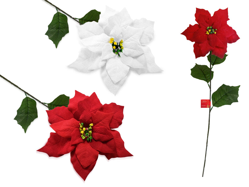 Seasonal Décor: 27" Poinsettia Lg. 10" Head Velvet  3Lvs Asst 2styles