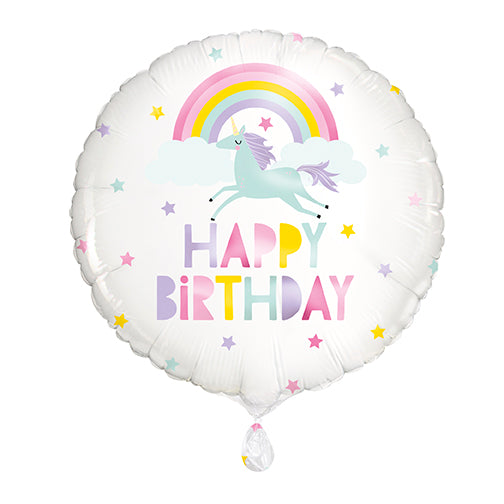 Rainbow And Unicorn Happy Birthday Round Foil Balloon