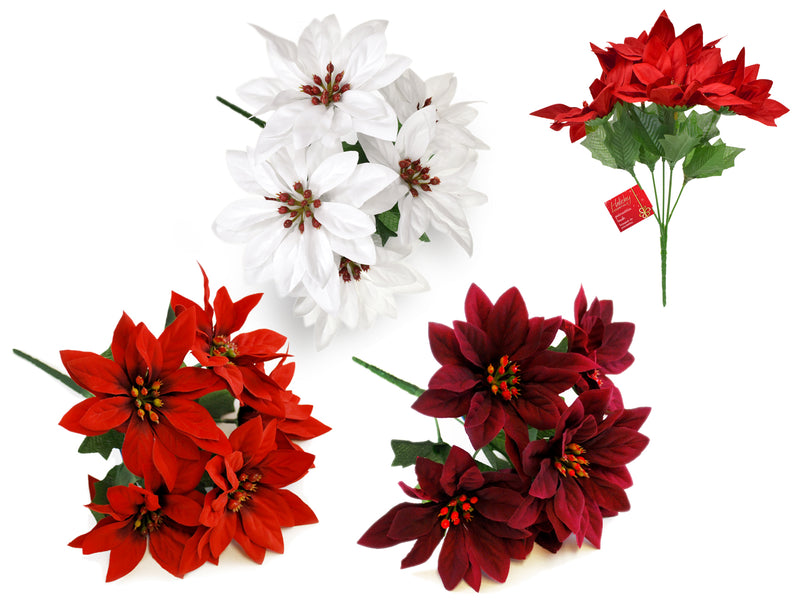 Seasonal Décor: 10" Poinsettia Bush 5-Head Soft-Touch Asst 3styles