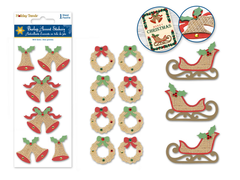 Holiday Stickers: 3"x6.4" 3D Burlap Accents Asst 12eax3styles