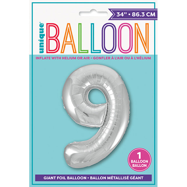 Silver Number 9 Shaped Foil Balloon