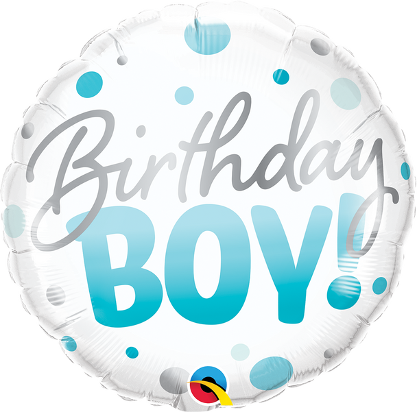 18"Q Birthday Boy Blue Dots Pkg