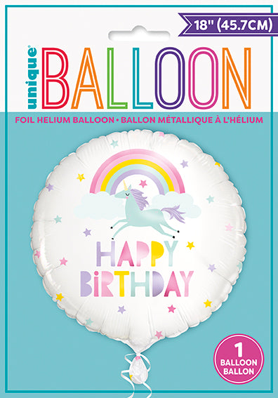 Rainbow And Unicorn Happy Birthday Round Foil Balloon