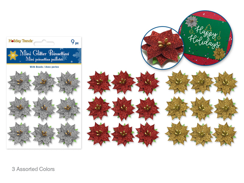 Holiday Trendz: 3cm Mini Glitter Poinsettia x9 w/Lvs+Stamens Asst 3stl