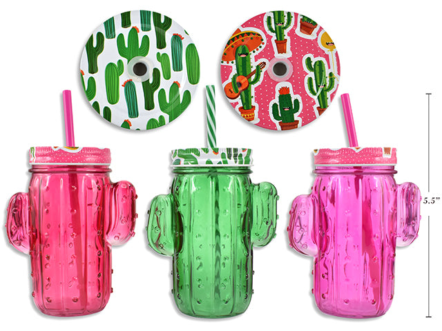 Tinted Glass Cactus Mason Jar With Watermelon Printed Metal Lid And Plastic Straw