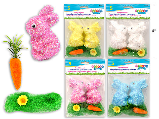 Tinsel Foam Bunnies With Grass And Carrot Daisy Accessories 5 Pack