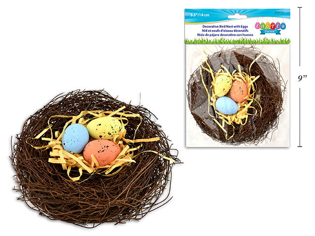 Retan Bird Nest With 3 Speckeled Easter Eggs