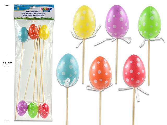 6Pk 14In Easter Plastic Egg Picks W/Ribbon. Egg Size: 2.25In. Pbh.