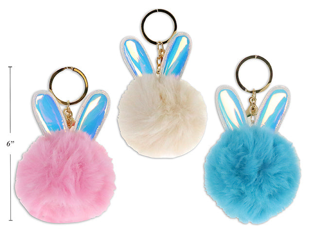 5.25In Easter Iridescent Bunny Ear Pom Pom Key Ring. 3 Cols: Cream / Pink / Blue. Cht.