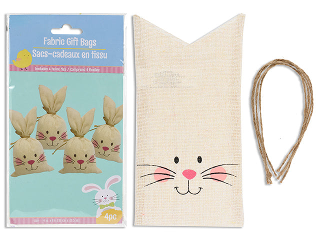 4Pk 8In X 4In Easter Fabric Gift Sacks W/4Pcs Twist Ties. Polybag W/Insert.