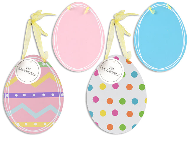 6.25In X 4.75In Reversible Easter Egg Mdf Hanging Decor. 2 Asst. Organza Ribbon Hanger. Cht.