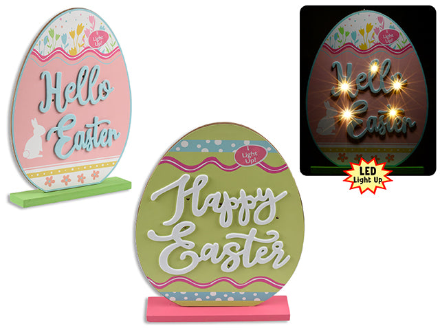 12in(H) B/O 5-LED Easter Egg MDF Tabletop Decor w/ Foam Tip-On. 2 Asst. Col.Label.