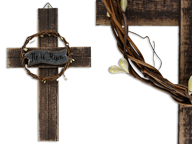 16In He Is Risen Distressed Wooden Cross Hanging Decor W/Berries Twig Crown Of Thorns. Cht.