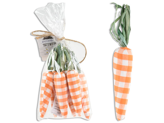 4Pk 6In Easter Plaid Fabric Wrapped Carrots W/ Straw Leaves. Pbh.