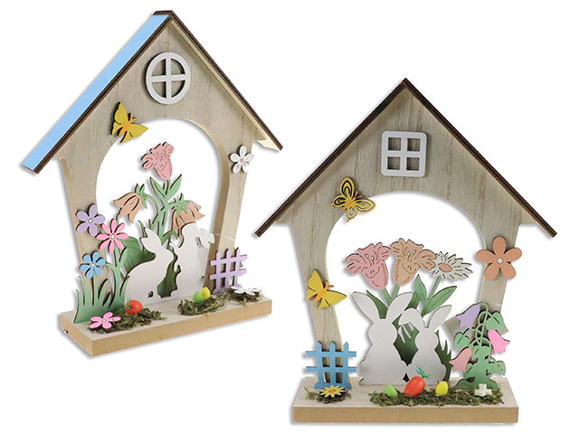 9.5In(H) Easter Layered Bunny House Tabletop Decoration. 2 Asst.Styles. Cht.