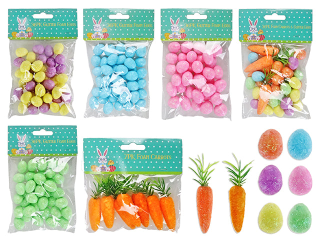 Easter Glitter Foam Eggs / Carrots Assortment. 6 Asst.Styles. Pbh.