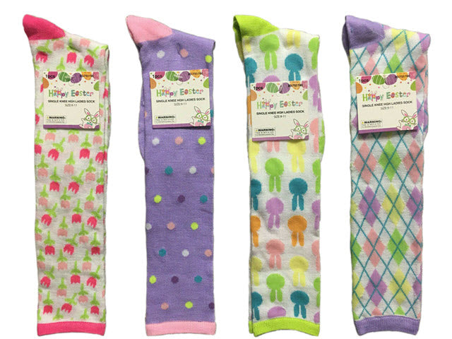 Ladies Easter Jacquard Knee High Socks. Size: 9-11. 4 Asst.Styles. J-Hook W/Header.