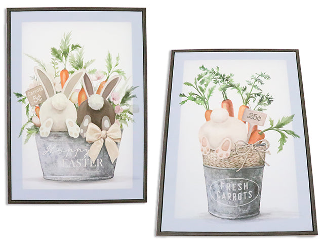 13.75in x 9-7/8in Easter Bunny w/Carrots Framed Canvas. 2 Asst.Styles.