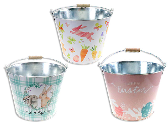 8-5/8In(D) X 7-1-/8In(H) Easter Round Metal Pail W/Wooden Wrapped Handle. 3 Asst.