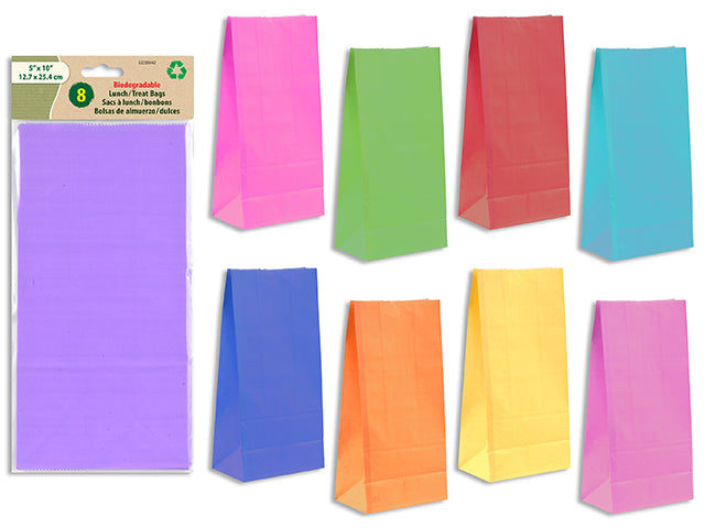 8Pk 9.45In(H) X 4.5In(W) Coloured White Kraft Lunch/ Treat Bags. 8 Asst.Cols. Pbh.