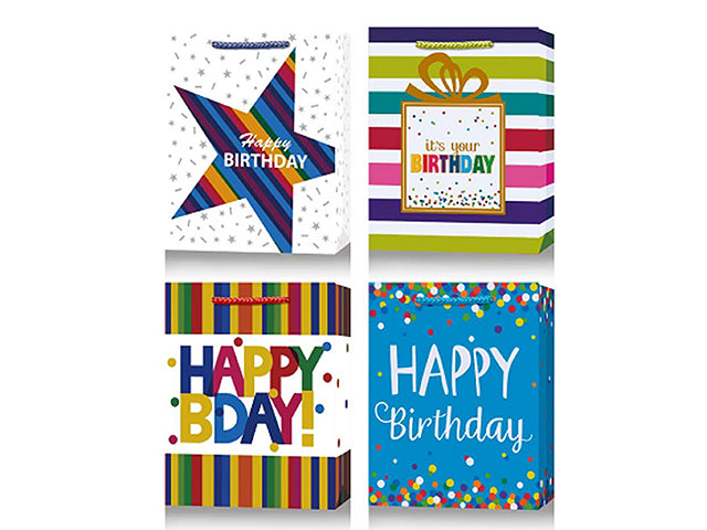 Happy Birthday Gift Bag L 26X32X10Cm Asst 210 Gsm