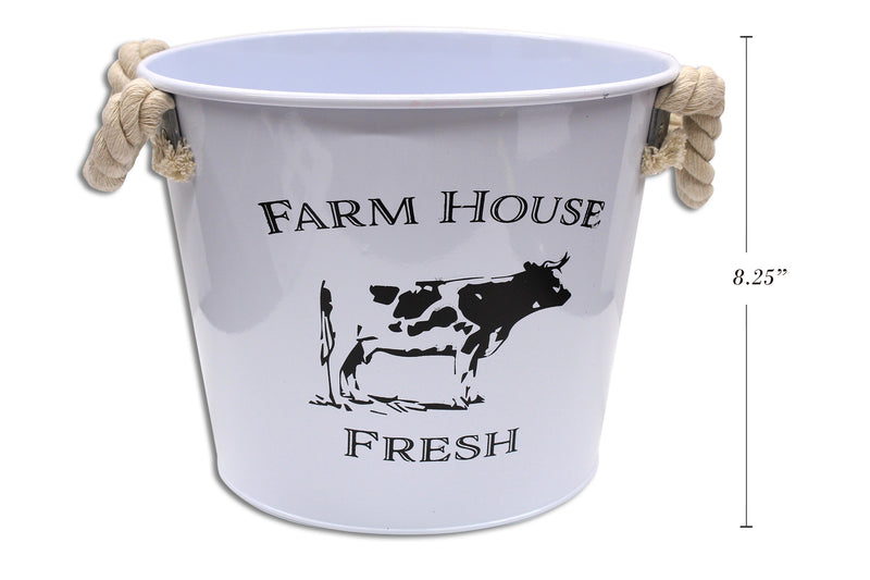 White Metal Farm House Milk Pail With Rope Handles