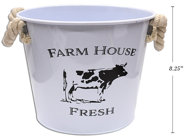 White Metal Farm House Milk Pail With Rope Handles