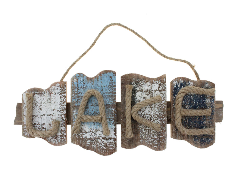 Reclaimed Wood 4 Section Jute Rope Lake Sign With Twisted Jute Hanger