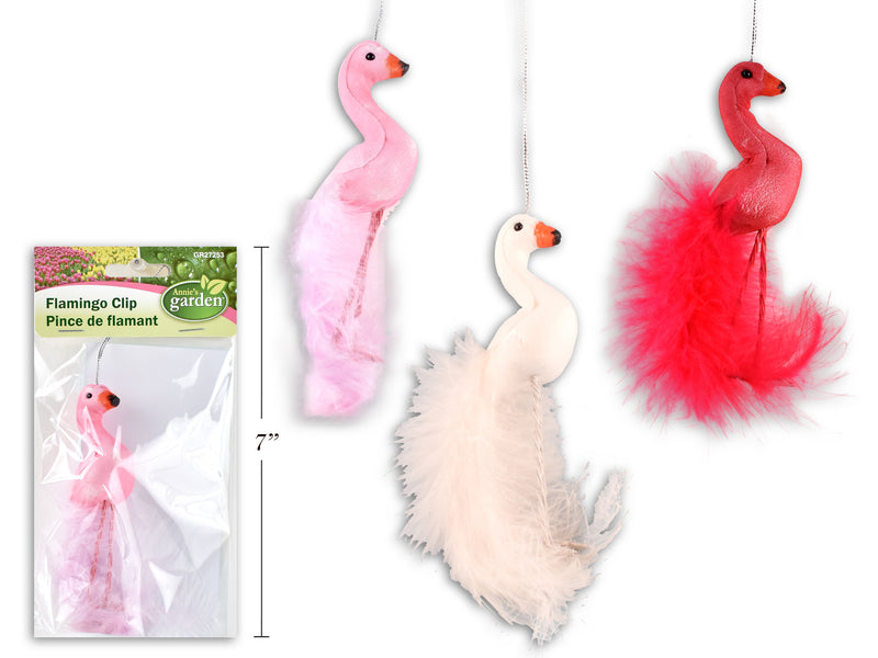 Flocked Foam Flamingo With Feather Clip