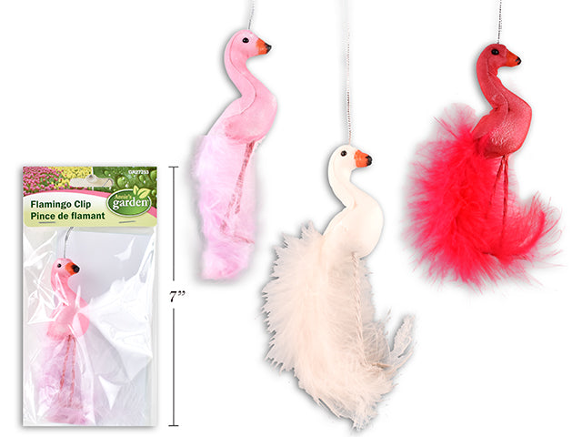 Flocked Foam Flamingo With Feather Clip