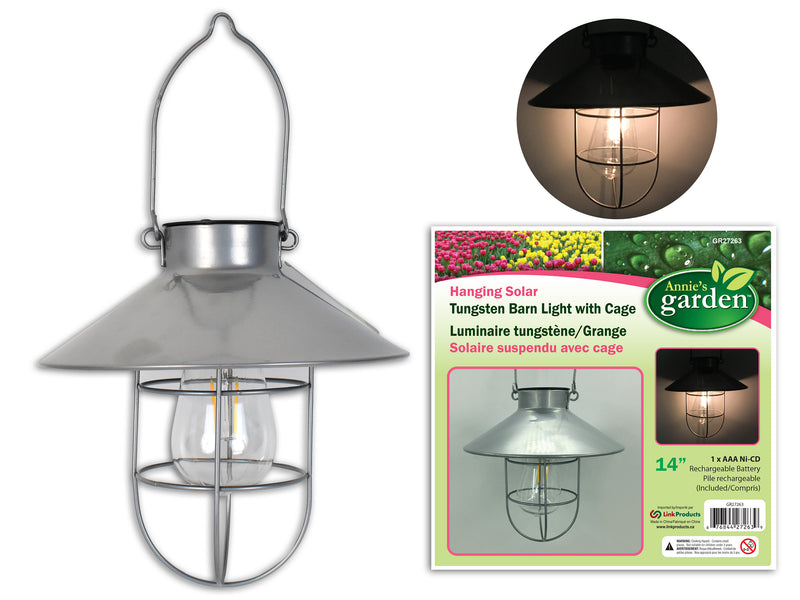 Garden Solar Hanging Warehouse Caged Light With Tungsten Bulb