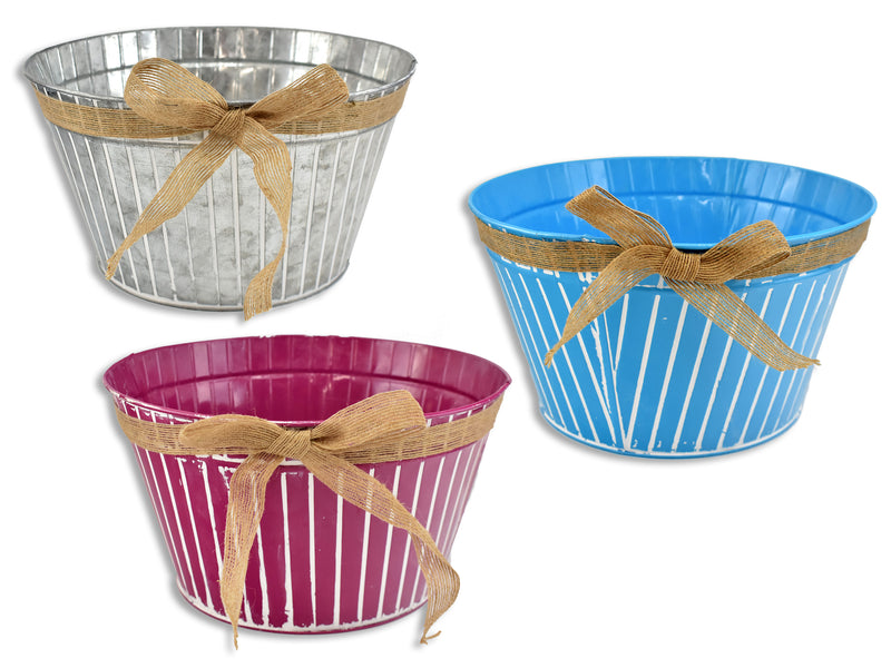 Hand Painted Ribbed Metal Planter With Ribbon Large