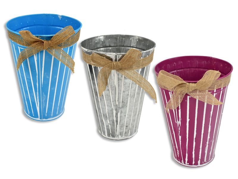 Hand Painted Ribbed Metal Planter With Ribbon Small