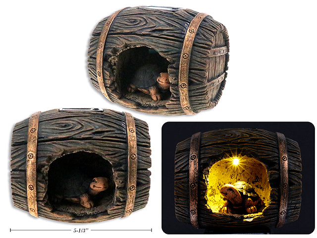 Solar Cement Turtle In Wooden Barrel