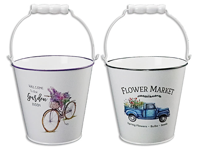 White Flower Market Metal Pail