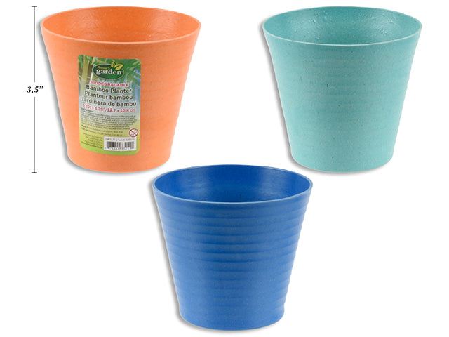 5In(D) X 4.25In(H) Round Ribbed Bamboo Bio Planter 3 Asst.Colours. Colour Label.