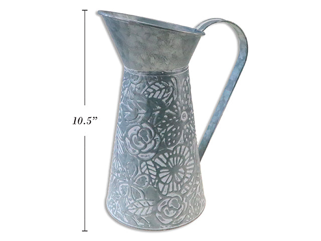 10-3/8in White Washed Galvanized Embossed Flower Metal Water Pitcher.