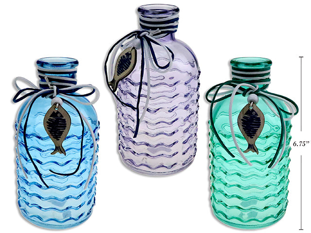 Wavy Glass Decorative Bottle With Die Cut Fish Toggle And Suede Wrapped Neck