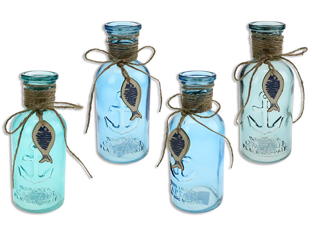 Nautical Anchor Embossed Glass Decorative Bottle With Die Cut Fish Toggle And Jute Wrapping
