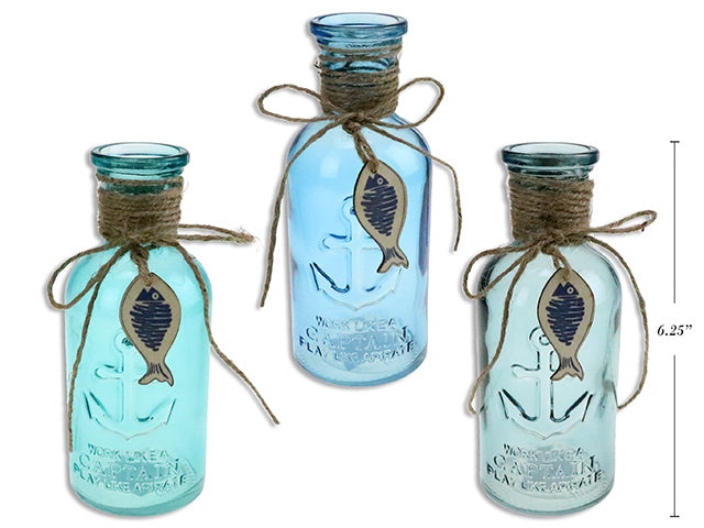 Nautical Anchor Embossed Glass Decorative Bottle With Die Cut Fish Toggle And Jute Wrapping