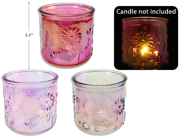 3.5in Iridescent Embossed Floral / Butterfly Glass Candle Holder. 3 Asst.Colours.