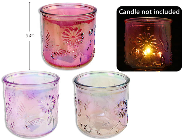 3.5In Iridescent Embossed Floral / Butterfly Glass Candle Holder. 3 Asst.Colours.