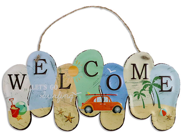 Welcome Shoes Shaped Embossed Metal Sign With Jute Hanger
