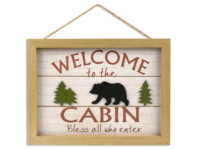 12.5in x 9.5in 2-Layered Bear MDF Framed Hanging Welcome Plaque. Jute Hanger. Cht.