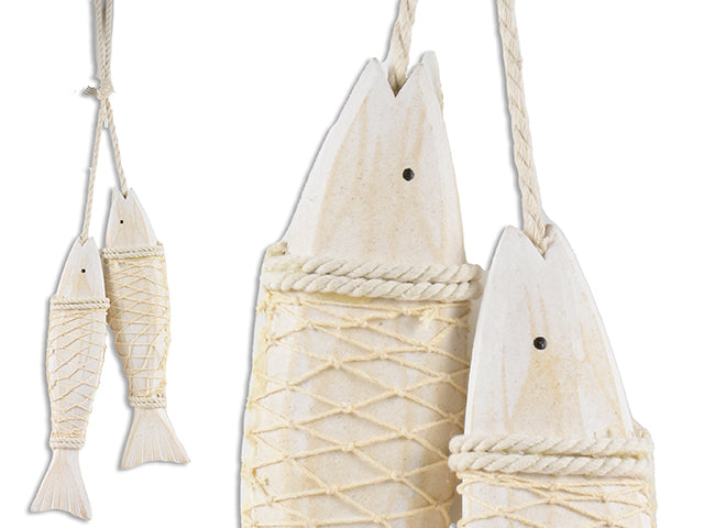 Set/2 12.5In X 3In Hanging 3-D Wooden Fish Wrapped In Fish Net . Cht.